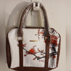 Chic White and Brown Floral Satchel
